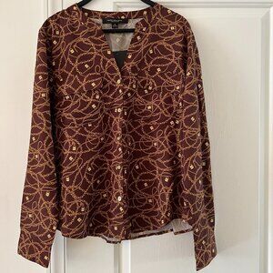 Marc New York Women's Brown Gold Chain Print Button Up Sleeve Blouse Top, Size M